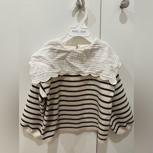Zara Black and Cream Striped Top with Scalloped Collar